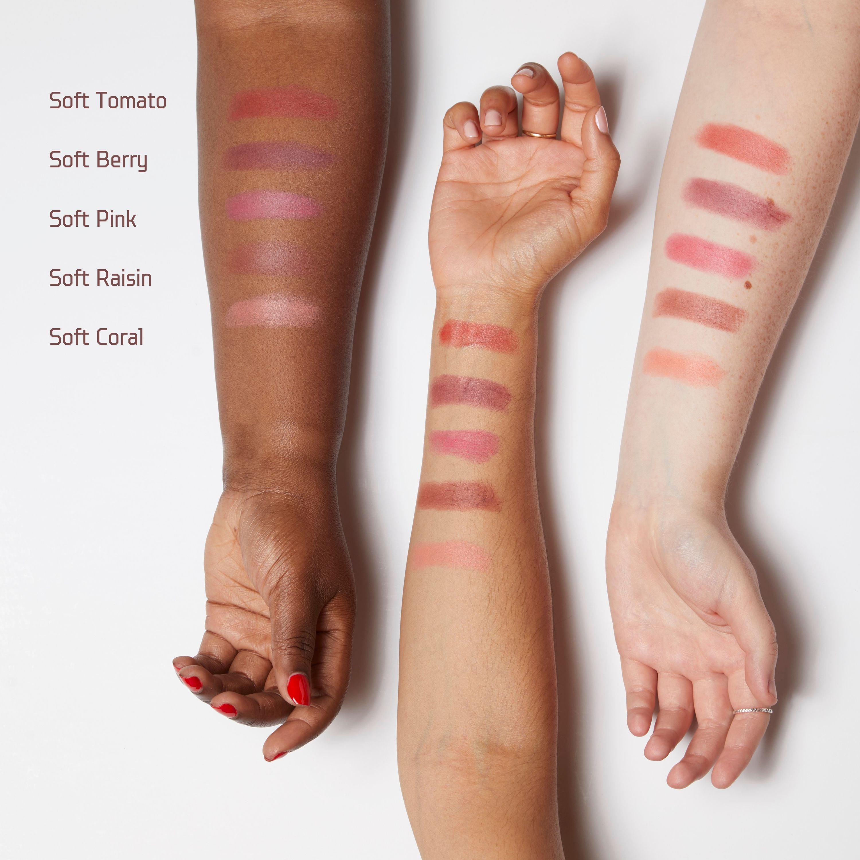 Soft Berry - A Cool Berry, Soft Smudge Swatches on 3 arms of different skin tones